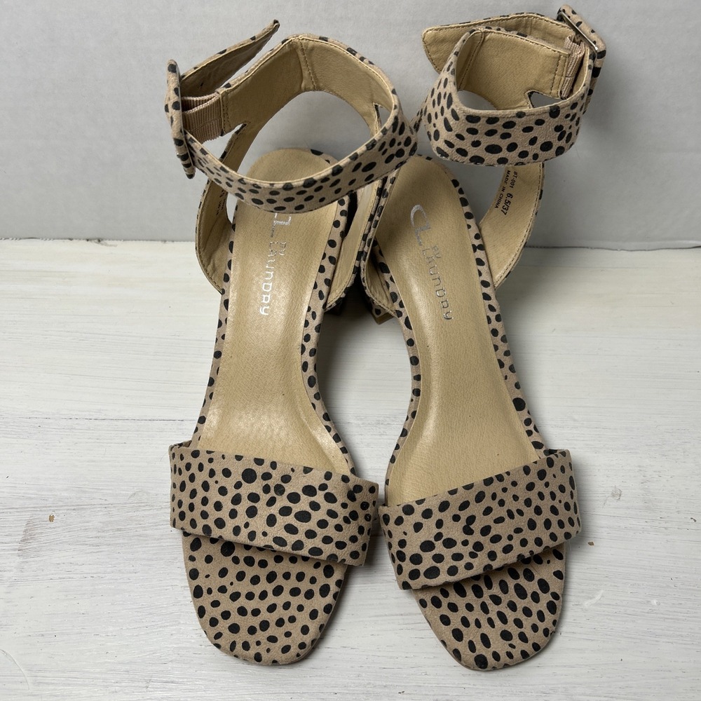 CL by Laundry Women 6.5 Tan Black Polka Dot Block Heel Sandals 296
